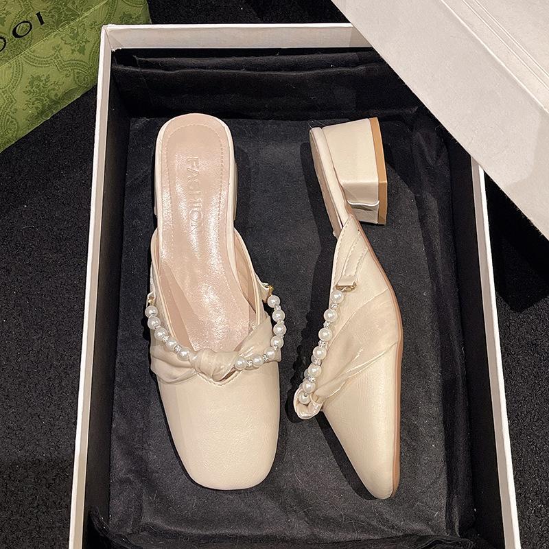 

2025 весна новые туфли с квадратным носком женские на плоской подошве на один педаль мягкая подошва сумка голова полушлепанцы летние уличные шлепанцы женские 35 жемчужный