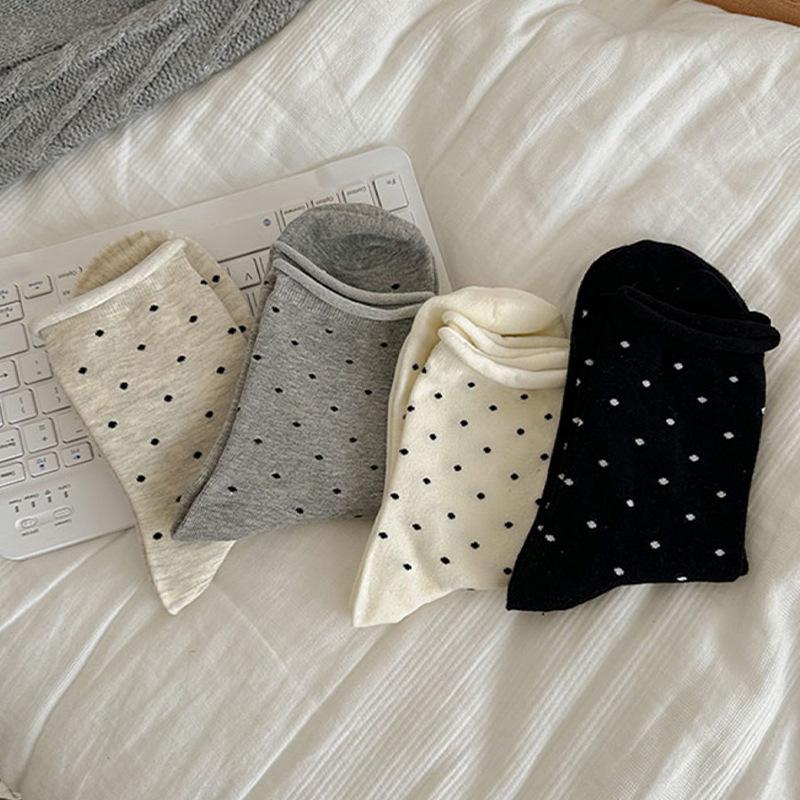 Retro Polka Dot Mid-Calf Cotton Socks with Rolled Hem – Soft, Slouchy, and Casual Women's Style
