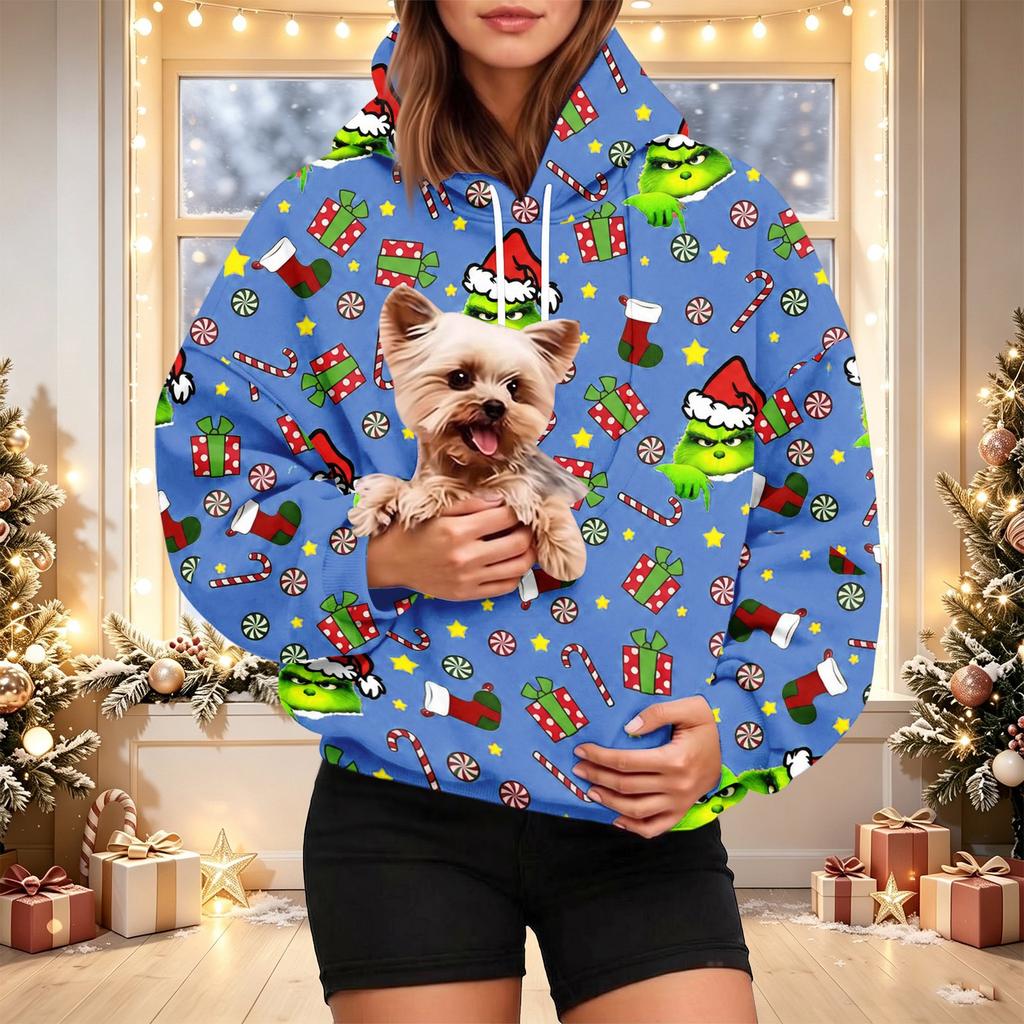 Women's Christmas Print Hoodie with Pet Pocket, Casual Long Sleeve Pullover Sweatshirt