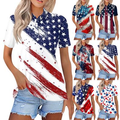 Womens Fashion Casual Button Short Sleeve Collared Top with Independence Day Print and Dual Side Slits for Comfortable Fit