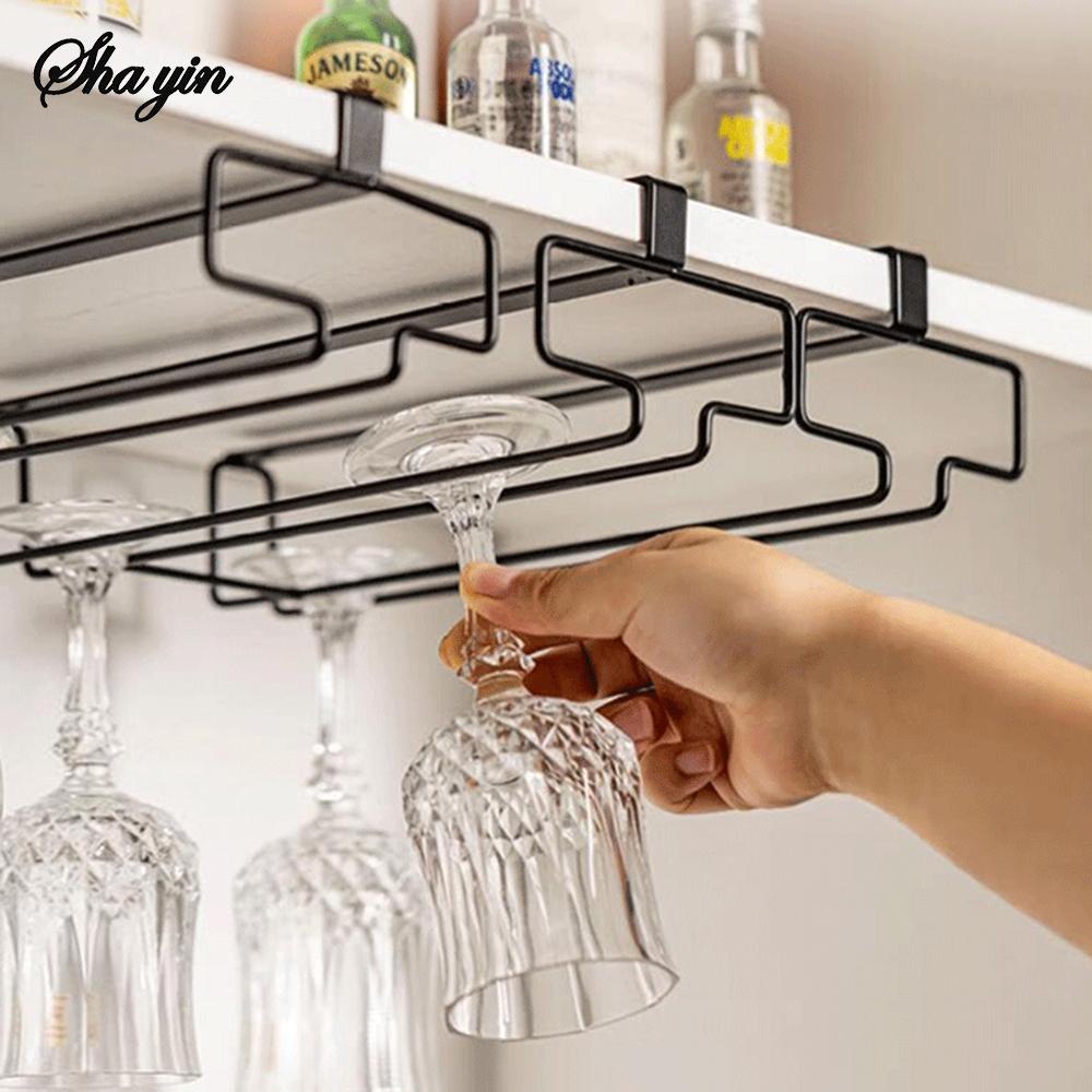 Non perforated inverted iron hanging high footed red wine cup holder, home bar hanging glass storage rack, glass organizer