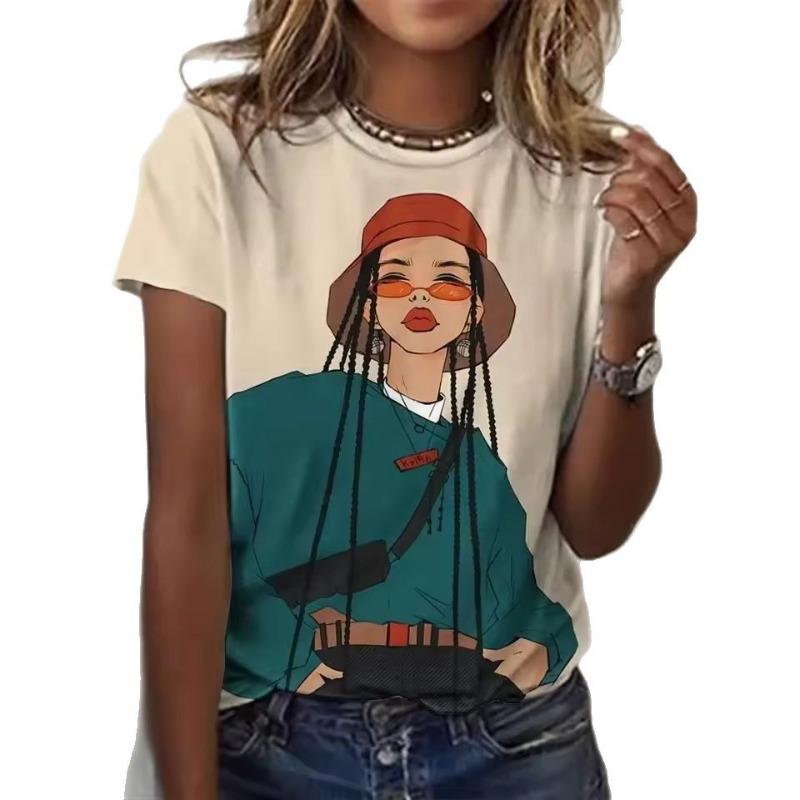 Women's T-shirt 3D Printed Casual Short Sleeved Cartoon Girl Pattern Print O-Neck Top Fashionable Street Women's Clothing