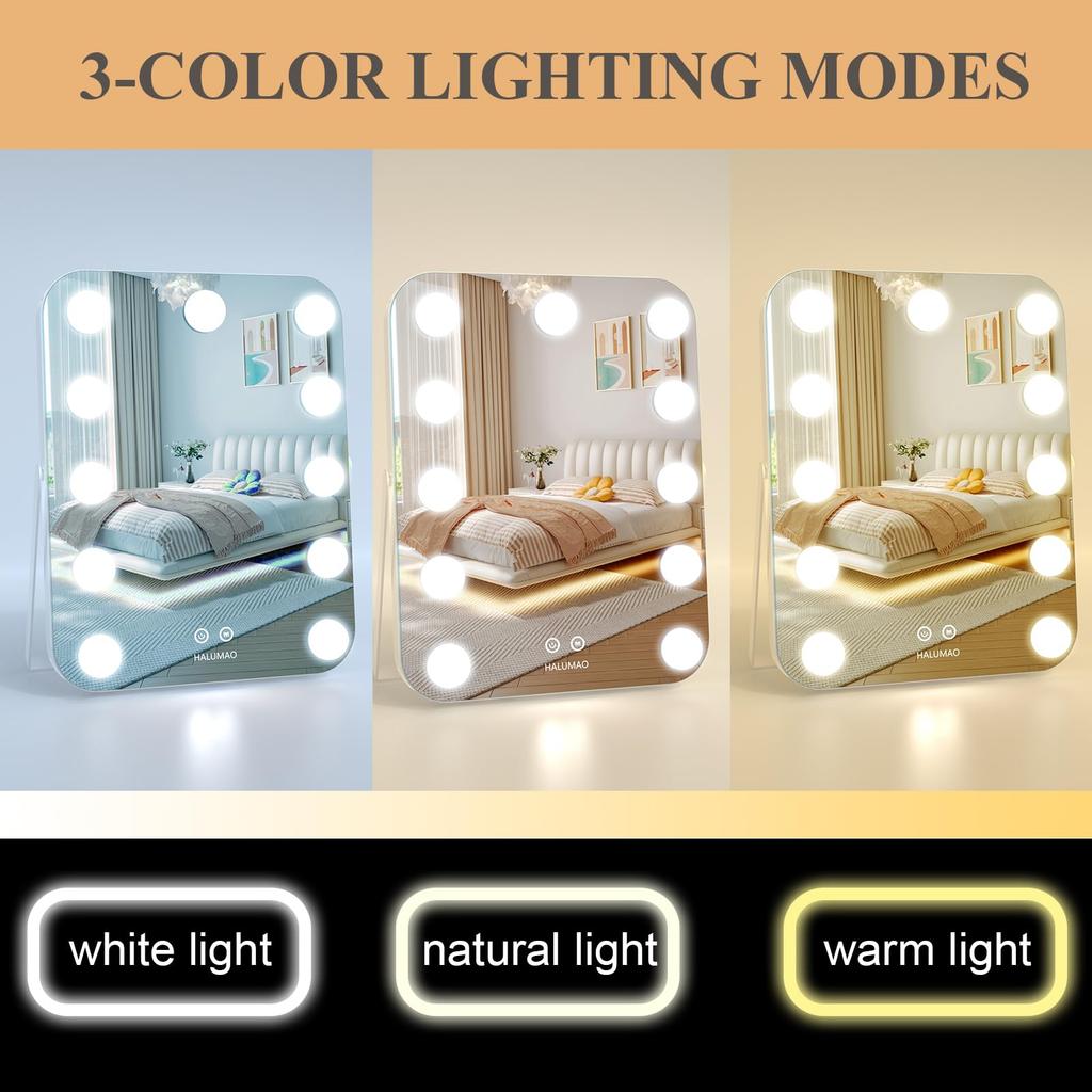 Actress Mirror, Tabletop Mirror, Hollywood Mirror, with 11 LED Bulbs, Three Color Lighting Modes, and Brightness Adjustment