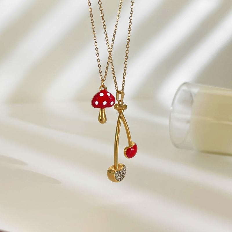 Simple Cherry Mushroom Drop Oil Pendant Neckchain Stainless Steel Layering Necklace Jewelry For Women Daily Wear