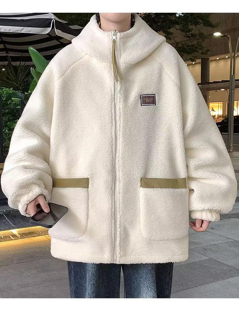 Herren Lammwolle Kapuzenjacke: Beidseitig, Samt gefüttert, Lässige lockere Passform für Herbst/Winter