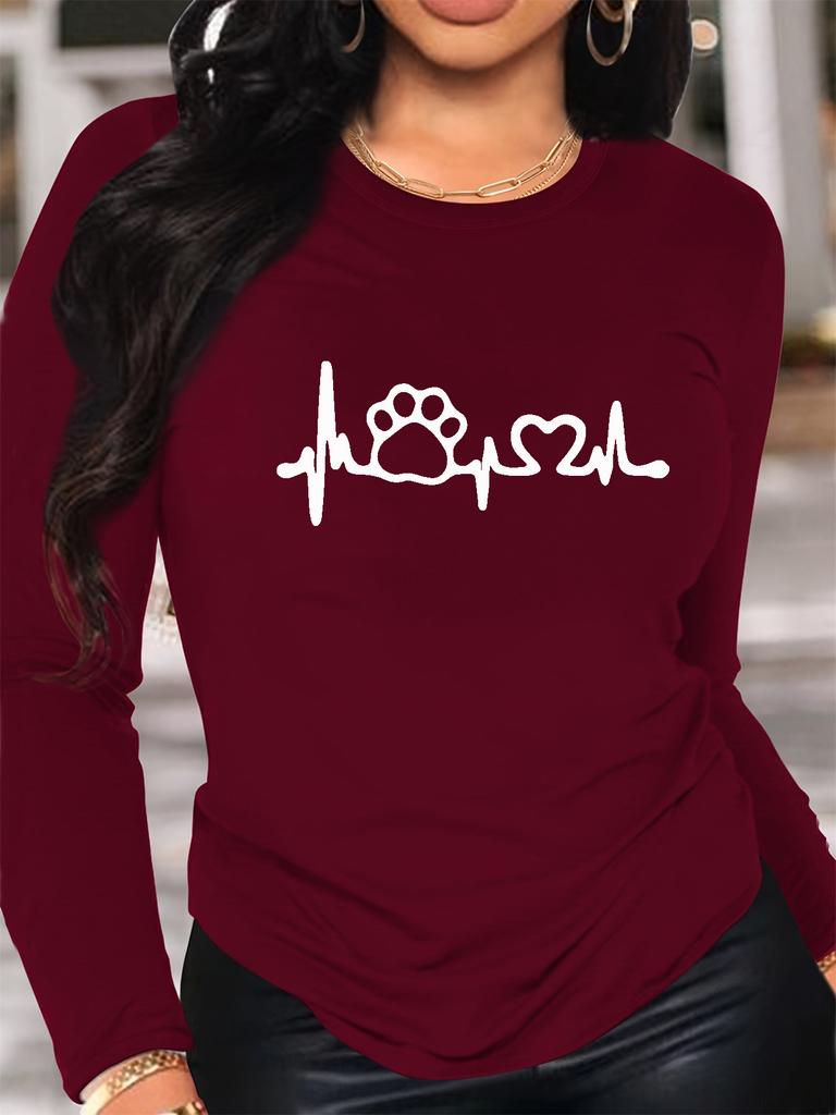 100% pure Polyester women's spring and autumn loose casual dog footprint and heart graphic printed long sleeved round neck T-shirt