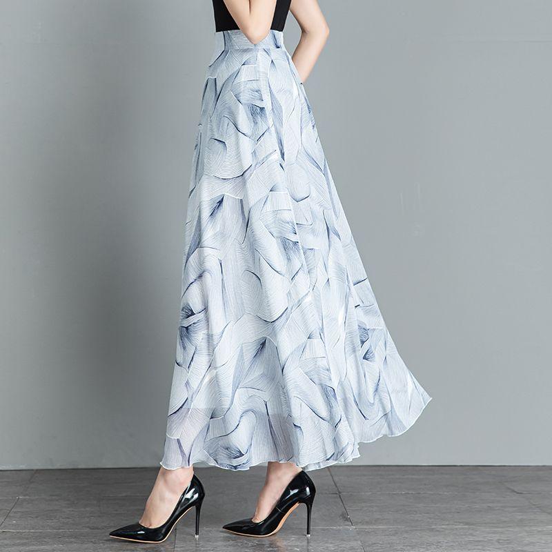 New Summer Retro Ethnic Style Ink-print Chiffon Skirt Women's Long Skirt High Waist A-line Skirt