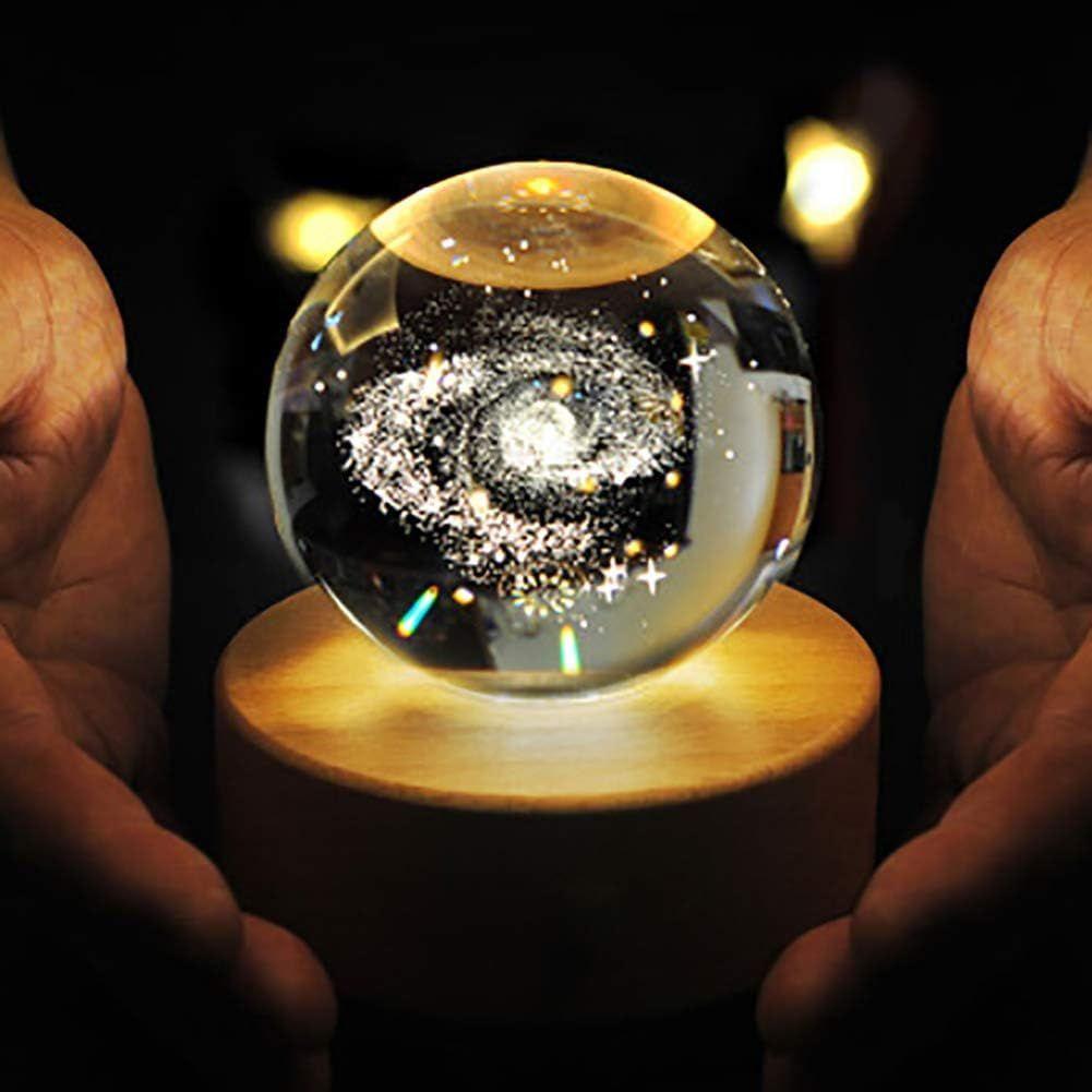 Galaxy 3D Crystal Ball Night Light with Wooden Base - LED USB Table Lamp for Kids, Teens, and Home Decor