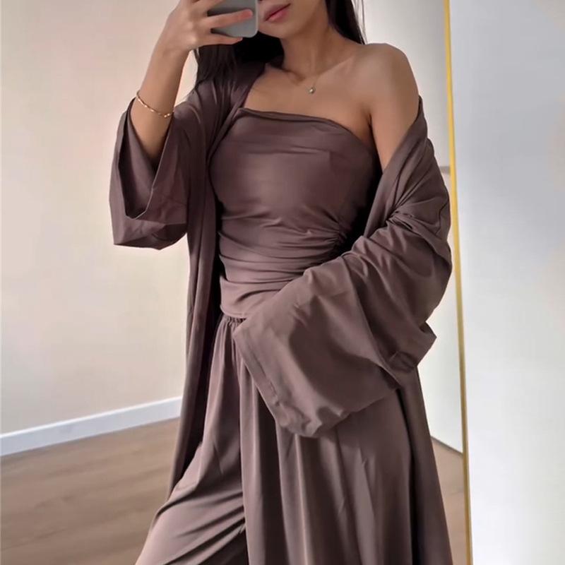 Women's Loose Leisure Co-ord Set Long Sleeve Cardigan Tube Top High Waist Wide Leg Loungewear Set