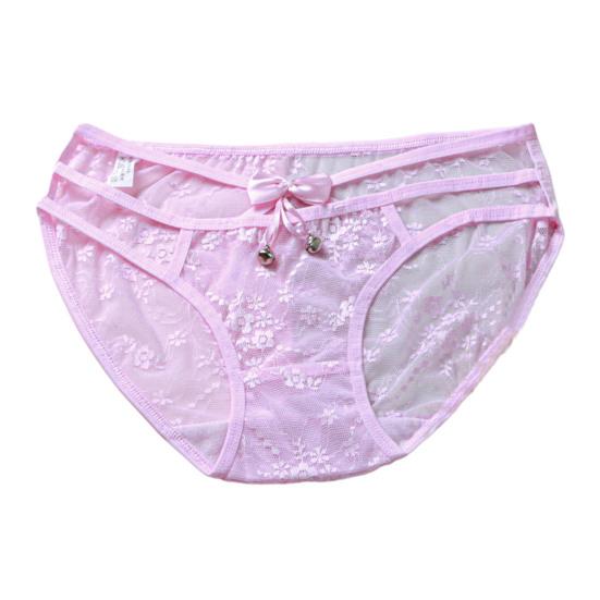 Sexy Embroidery Flower Lace Briefs See-through Solid Color Bowknot Bell Decor
