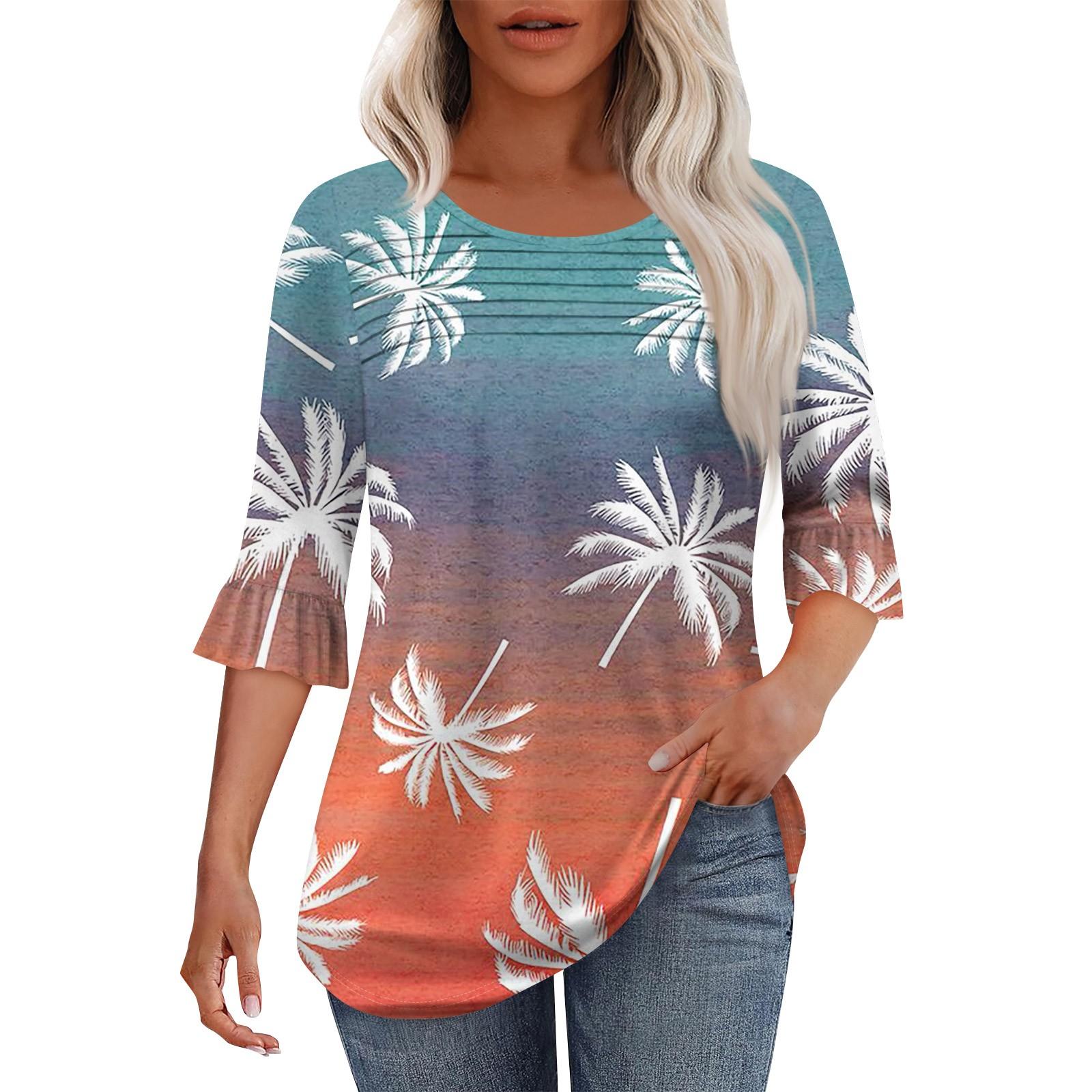 

Женская мода круглый вырез шея плиссированный спереди напечатанные точки расклешенный топ рукав 3/4 XXL