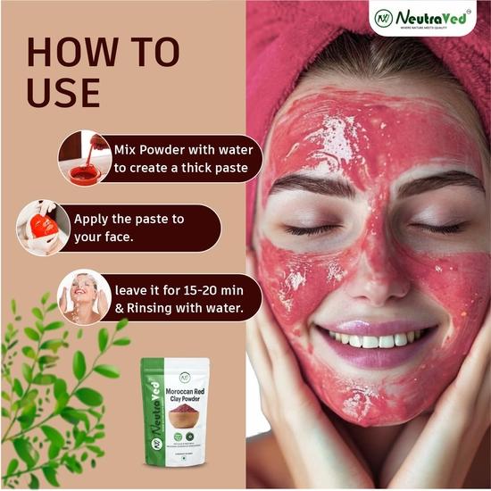 NeutraVed Moroccan Red Clay Powder (Rhassoul) For Face Mask, Skin & Hair | Natural & Organic - 200g