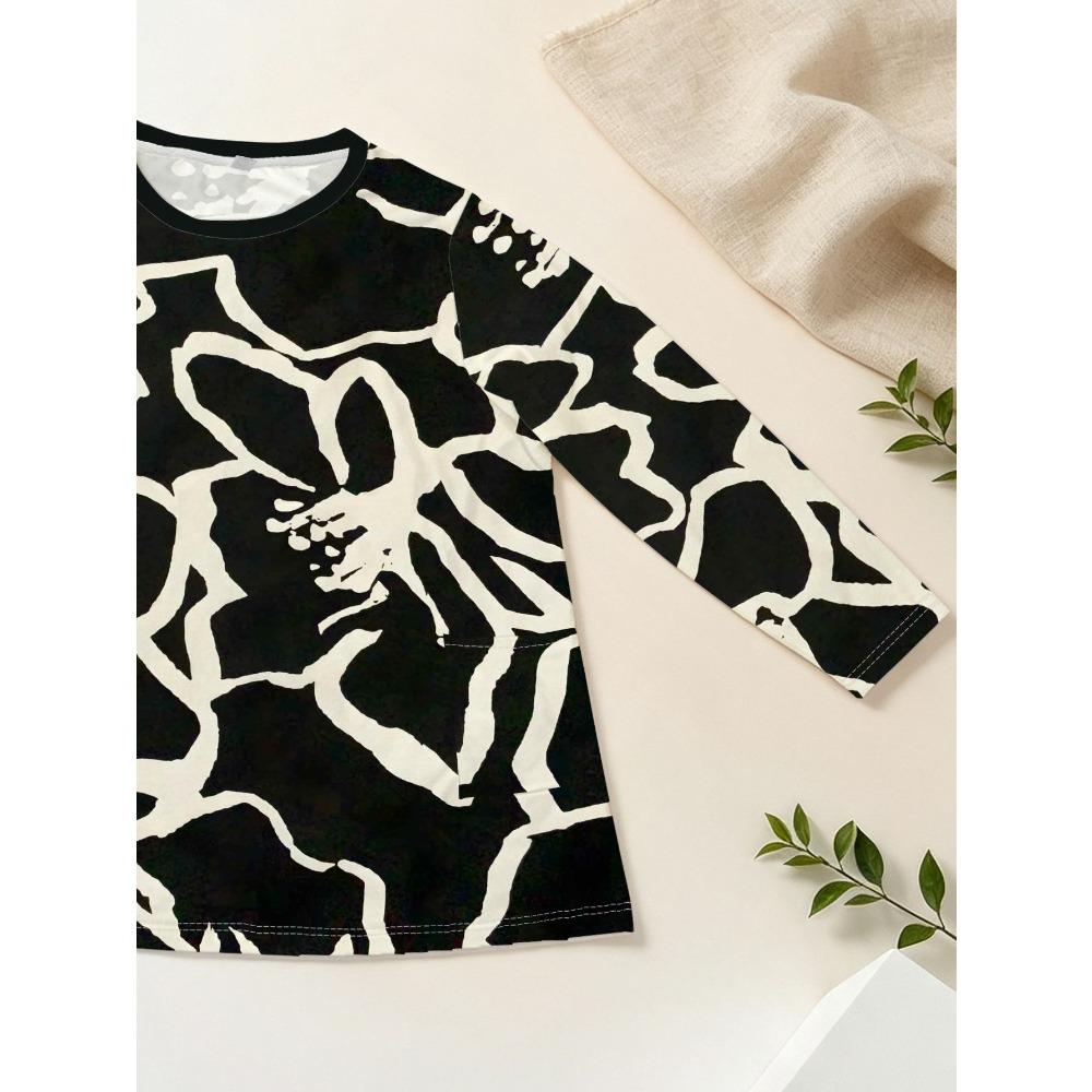 Women's large size with pocket design black and white abstract printed long-sleeved loose top, fashionable versatile casual T-shirt
