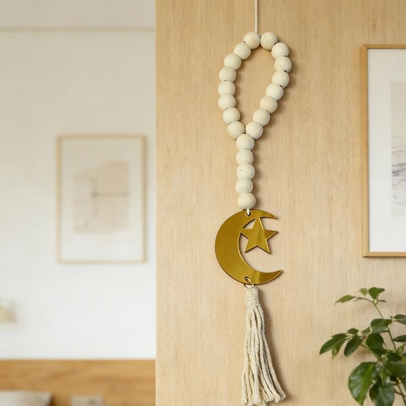 Ramadans Wood Beaded Garlands Acrylic Moon Pendant Wall Hanging Ornament with Tassels For Islamic Festives Home Decorations