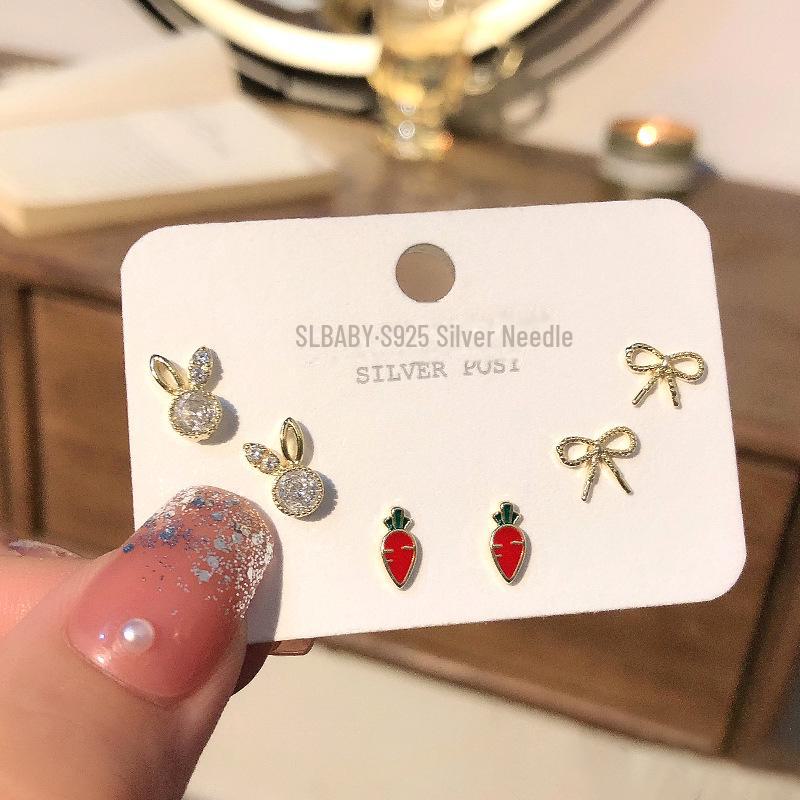 Asymmetric Swan & Snowflake S925 Silver Needle Earrings with Cat's Eye Stone - Korean Style for Women & Students