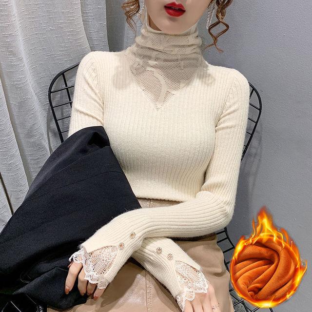 

Добавить бархатную нижнюю рубашку, женскую осенне-зимнюю сетчатую кружевную водолазку, тонкую вязаную женскую рубашку Blusa XXXL бежевый