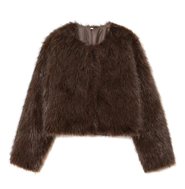 Faux Fur Jacket Fashion Women's Faux Fur Effect Round Neck Long Sleeve Short Jacket