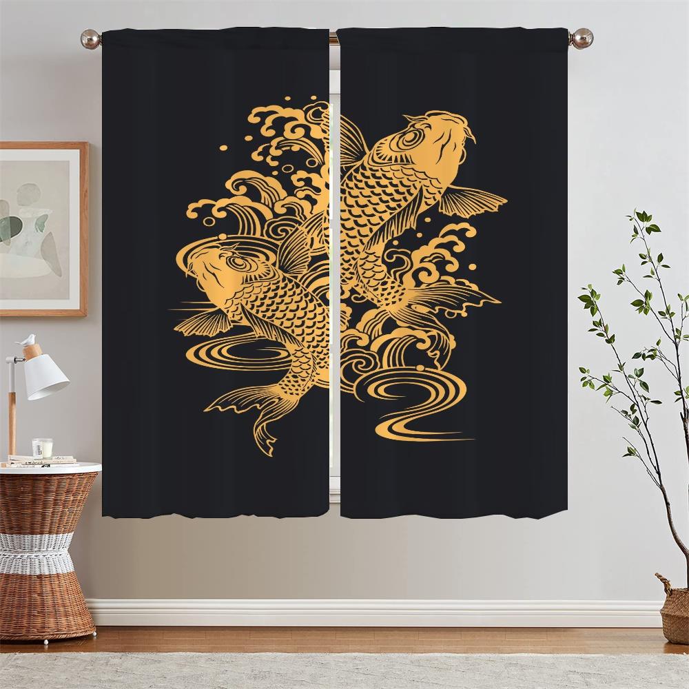 Chinese Style Koi Short Window Curtains for Living Room Bedroom Decoration Black Out Curtains 2 Pcs Set Chiffon Curtain Tiebacks