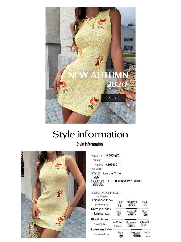 KaiKuo 2026 Spring/Summer Women's European & American Fruit Embroidery Wool Knit Slim Sleeveless Dress