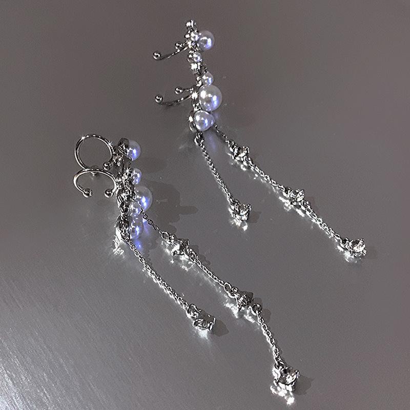 Elegant Clip-On Long Tassel Pearl & Zircon Earrings for Women