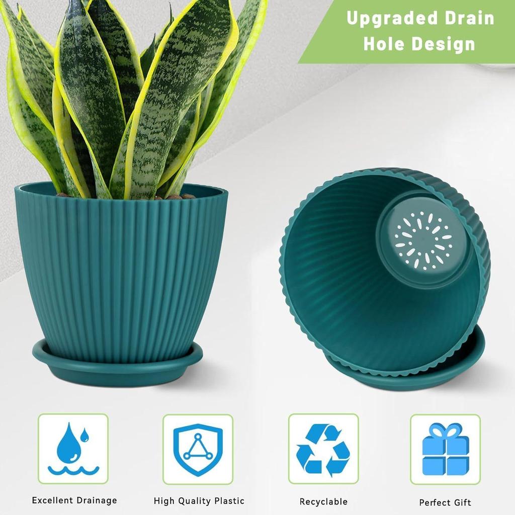 Plastic Round Flower Pots with Tray for Home Planters, Terrace, Garden Etc | Pack of 05 | Peacock | Size 6.5 Inch | for Home Indoor & Outdoor