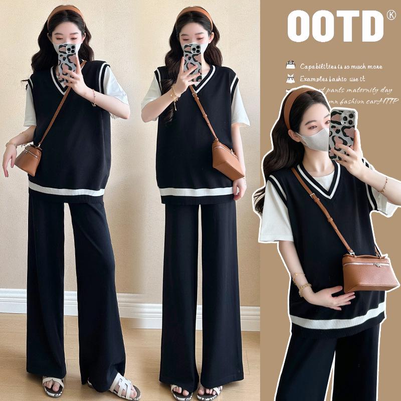 Summer 2026 Fashion: Loose Plus Size Knit Maternity Set with Faux Two-Piece Style 2XL