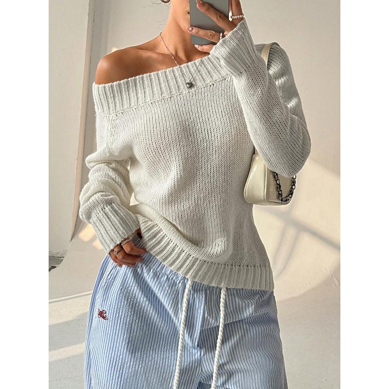 

Women s Sweater Autumn Winter Ventilate Fashion Solid Color Rib Knit Long Sleeve One-Shoulder Casual Sweater S белый