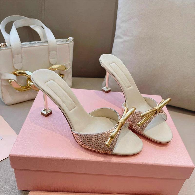 Fashion 2025 New Bow-Tie High-Heeled Slippers Wear Sweet Fairy Glass Shoes Thin Heel One-Line Sandal Rhinestone Princess
