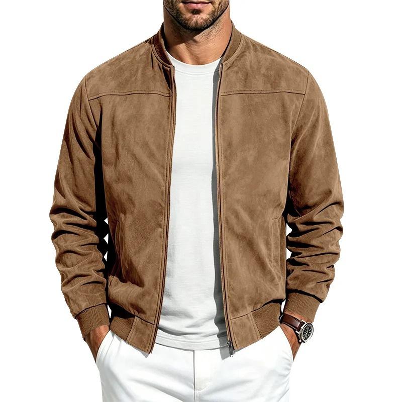 Giacca da uomo in camoscio casual con colletto da baseball, chiusura lampo, giacca da volo retrò