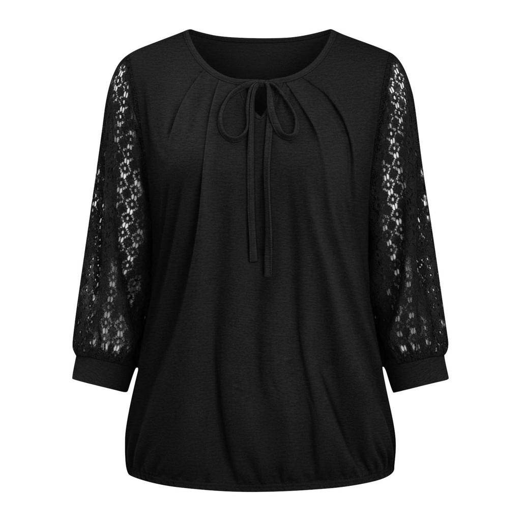Women's Lace-Up Blouse, Loose Fit, Casual, Sheer Lace