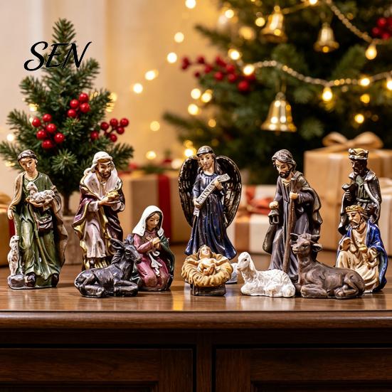 Statue del Presepe 11 Pezzi Set Natalizio, Mini Decorazione da Tavolo in Resina, Statua Sacra Famiglia Angeli Pastori Animali Statuette, Religioso Interno Casa