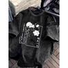 Gewaschenes Baumwoll-T-Shirt mit weißem Rosenprint, elegantes florales Grafik-T-Shirt, lässig, locker, kurzärmelig für Streetwear
