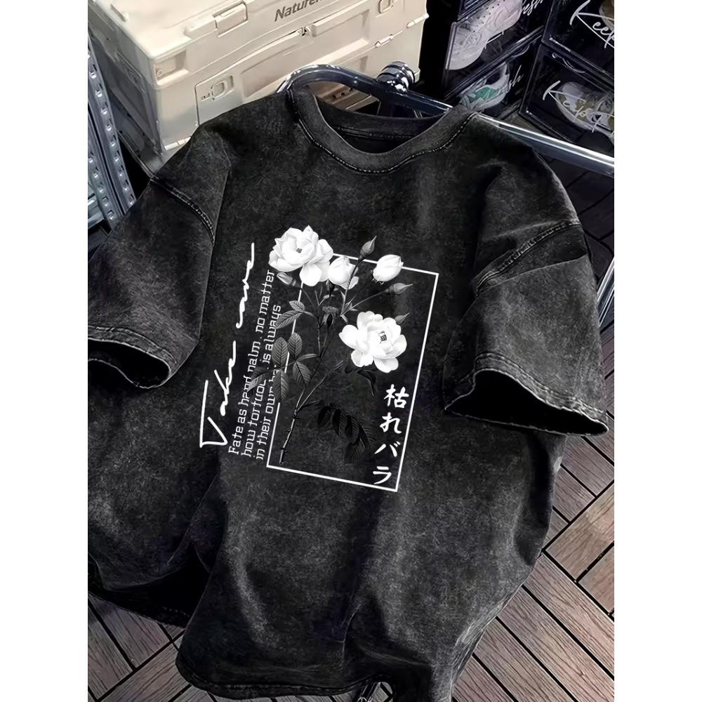 Gewaschenes Baumwoll-T-Shirt mit weißem Rosenprint, elegantes florales Grafik-T-Shirt, lässig, locker, kurzärmelig für Streetwear