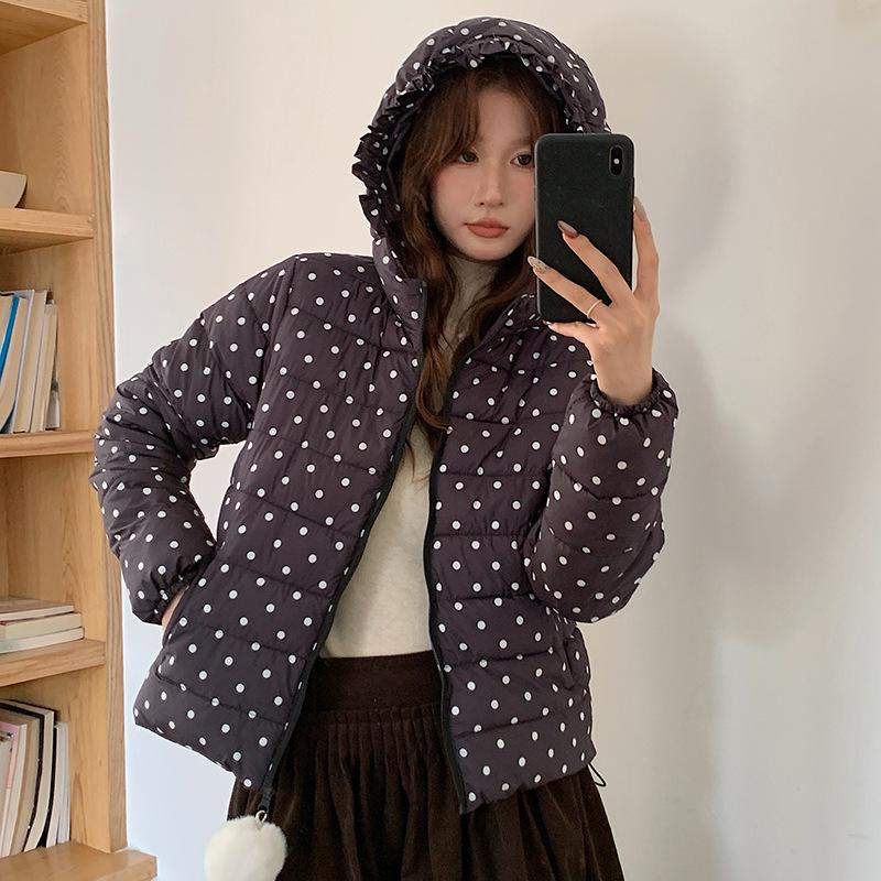 Sweet polka dot ribs hooded down cotton-padded clothes women's winter new short printed cotton-padded jacket
