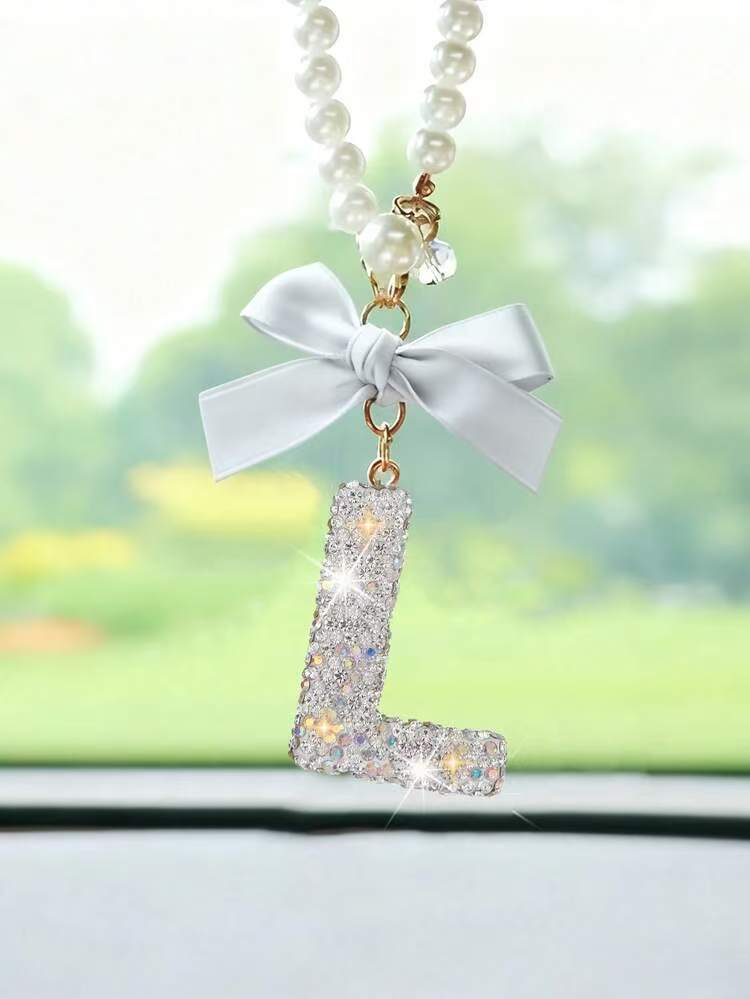 Creative Diamond Fashionable Bow Letter Car Pendant Car Rearview Mirror Decoration Exquisite English Pendant Decoration