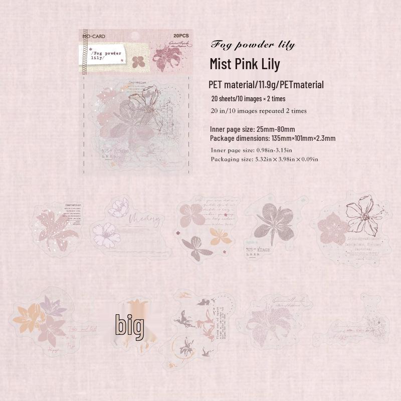

Mò Mò PET White Ink Sticker Pack: Hazy Floral Series - 20 Sheets, 6 Styles for Collage Decoration