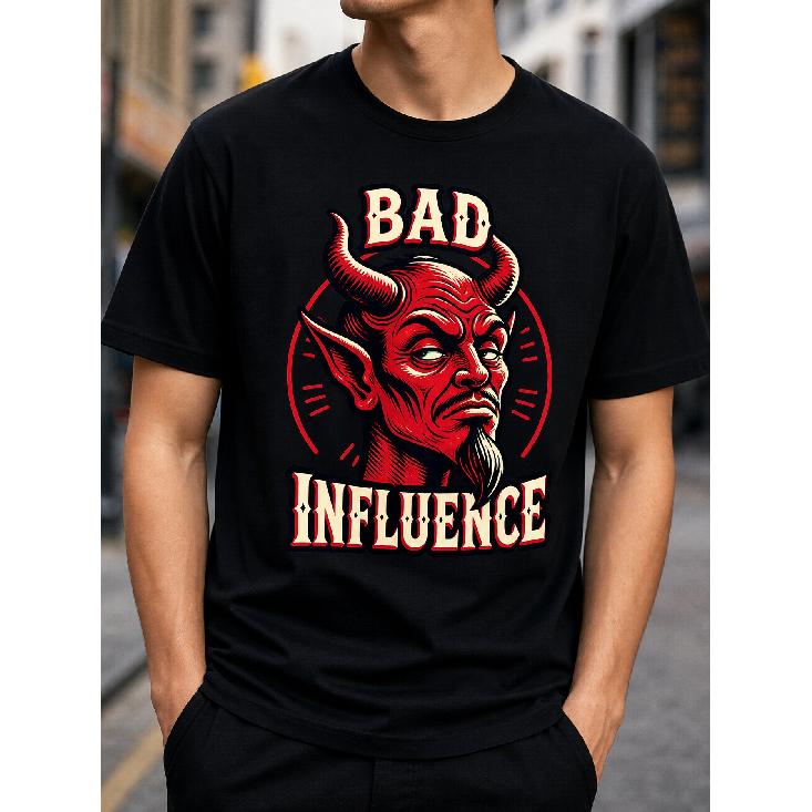 Men s Graphic Tee Bad Influence Devil Print Short Sleeve Cotton Blend Crew Neck Streetwear S
