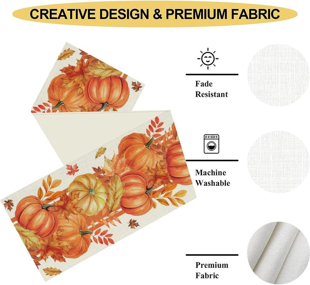 Fall Pumpkin Maple Leaves Linen Table Runner Holiday Party Decor Washable Kitchen Dining Table Runner Autumn Decorations