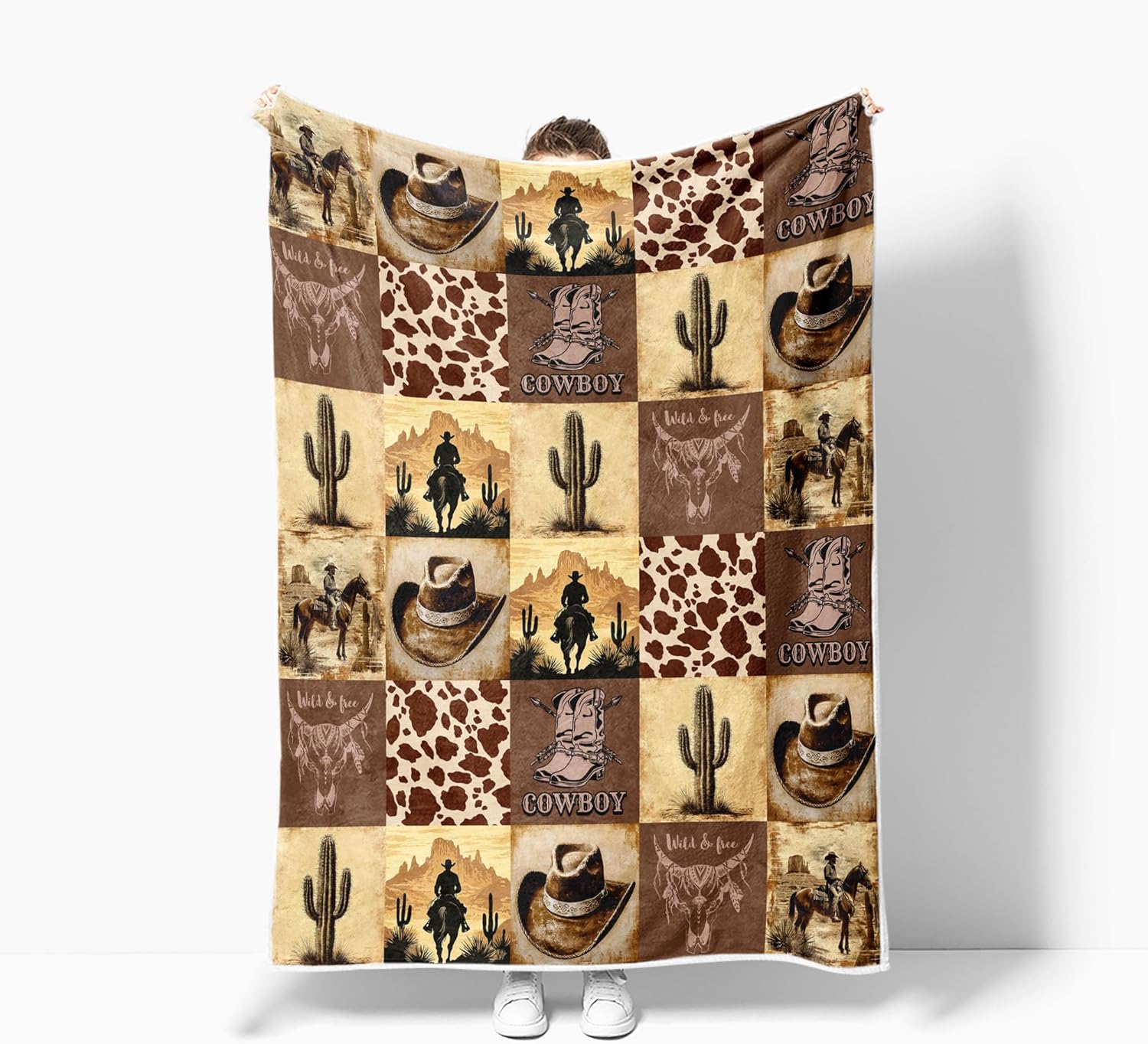 Textilien Unisex Coral Western Cowboy Fleece Throw Blanket, Vintage Western Cowboy Blankets Retro Wild West Cowboy Riding Horses Flannel Blanket, Soft,