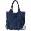 Navy Blue Women's Leather Suede Handbag A4 Fringe Large L83