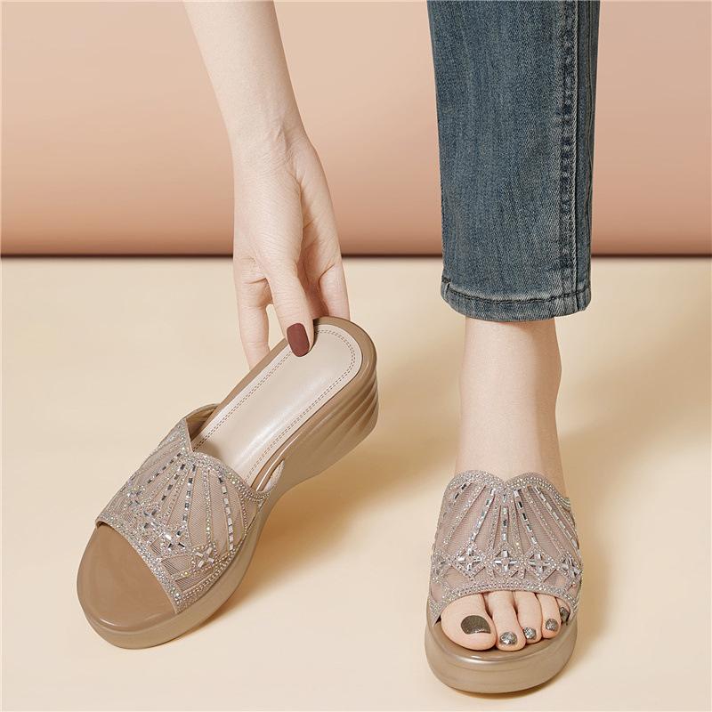 Spring and summer outer wear sandals women's fashion heightening thick-soled cm new women's shoes hollowed out one-pedal heel rhinestone slippers