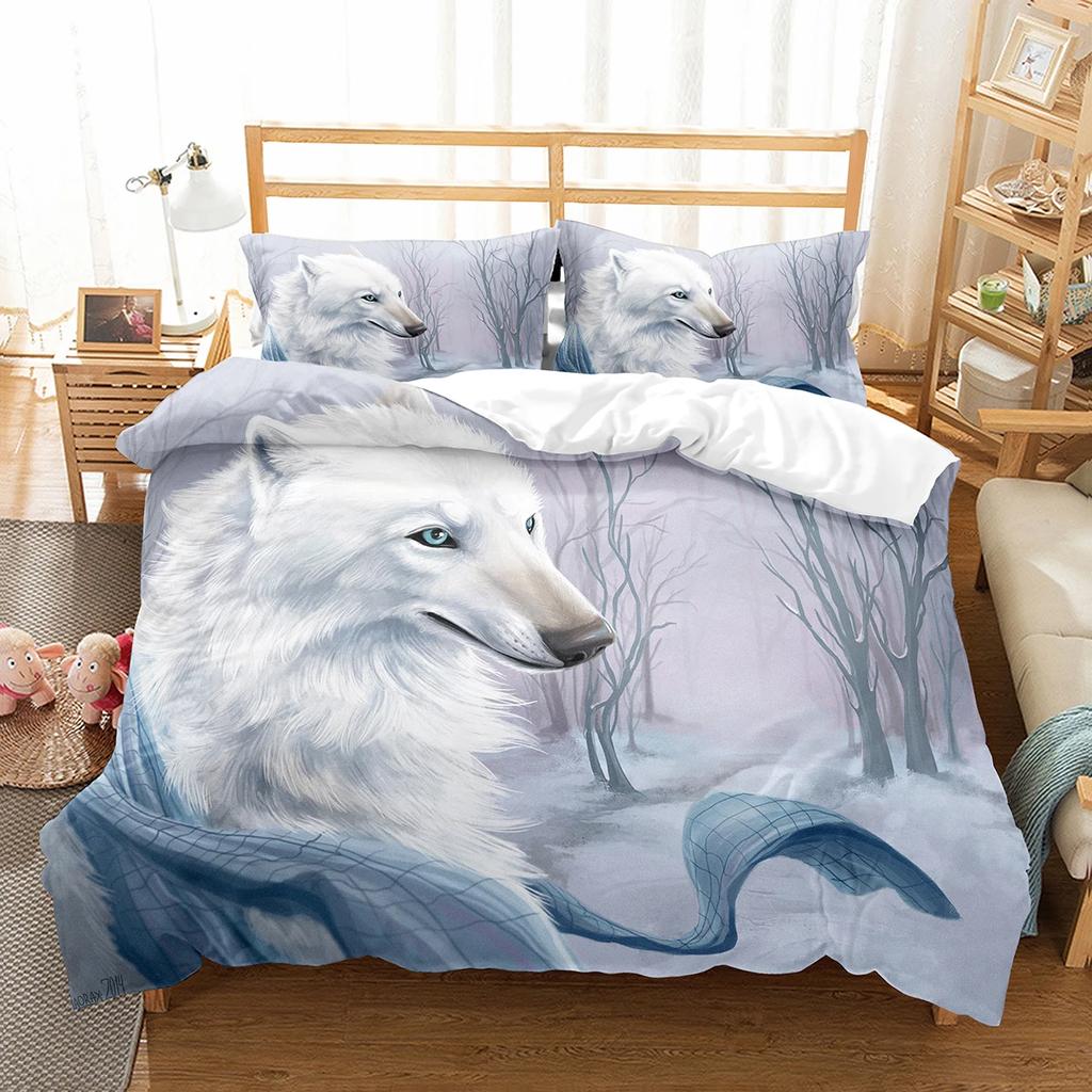 Boys Wolf Duvet Cover Set Queen Size, Boho Wolf Wildlife Forest King Animal Bedding Set Polyester Quilt Cover With Pillowcase