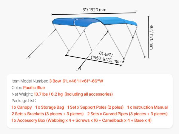 SucceBuy 3 Bow Boat Bimini Tops 600D Polyester Canopy with Aluminum Alloy Frame Waterproof Sun Shade Awning Canopy Fit for Boat