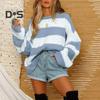 Women Pullover Sweater Wide Striped Color Block Crew Neck Long Sleeve Ribbed Cuffs Oversized Sweater Casual Knitwear