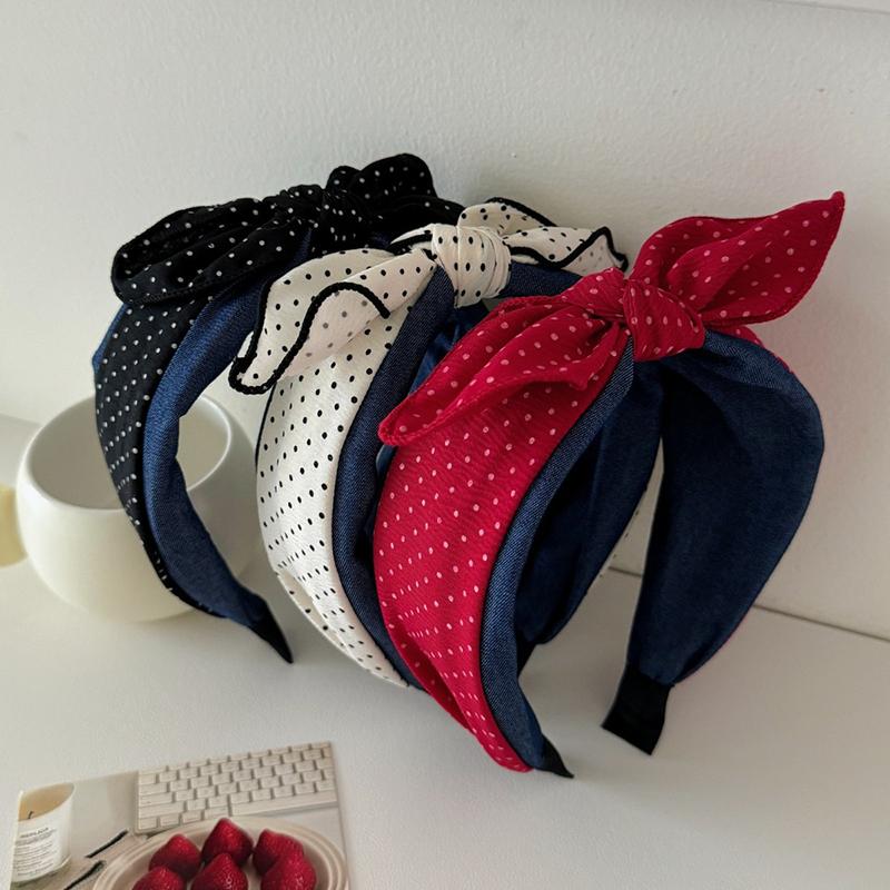 Korean-Style Sweet Polka Dot Bow Contrast Fabric Headband Ladies Makeup Sports Hair Accessory