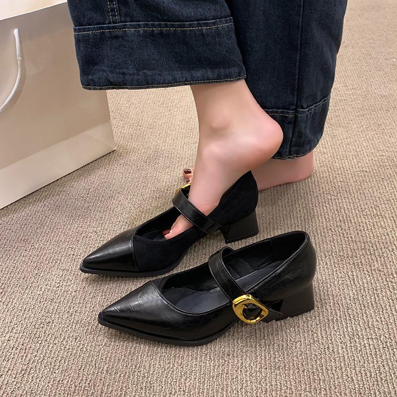 Pointed Toe Mary Jane Shoes Women's Spring New Vintage Versatile Block Heel One Strap Shoes