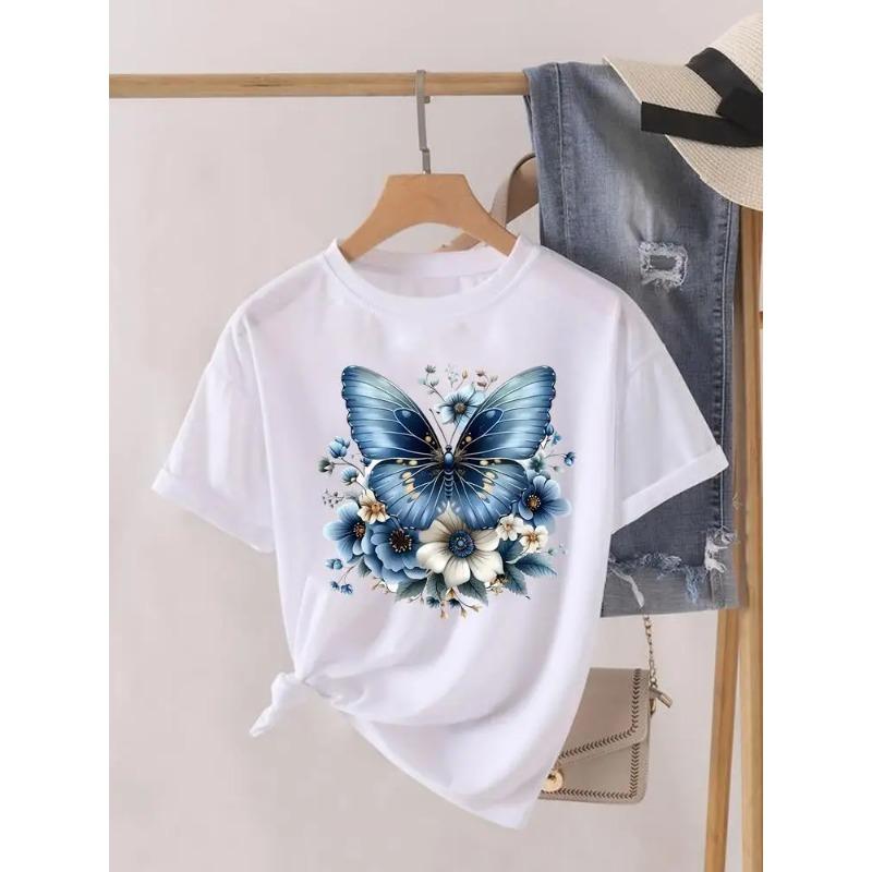 Krótki Rękaw Damski Nadruk Letnia Koszulka Modne Ubrania Koszulki Graficzne Kwiaty Akwarelowe Urocze Ubrania Damska Codzienna Koszulka