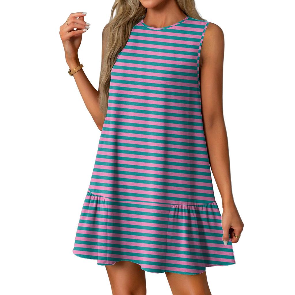 Women's Fashion Casual Sleeveless Round Neck Ruffle Vintage Printed Dresses