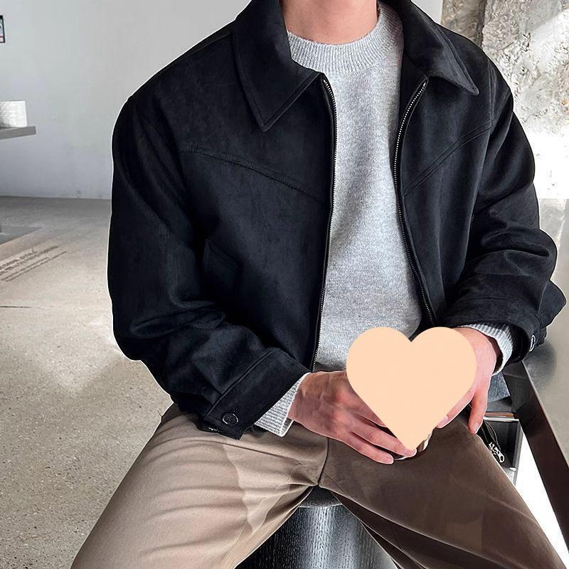 Spring Autumn Men's Casual Solid Color Short Jackets Retro Lapel Zipper Pocket Windbreaker Coats Luxury Overcoat Streetwear Small Lapel Men's Jacket