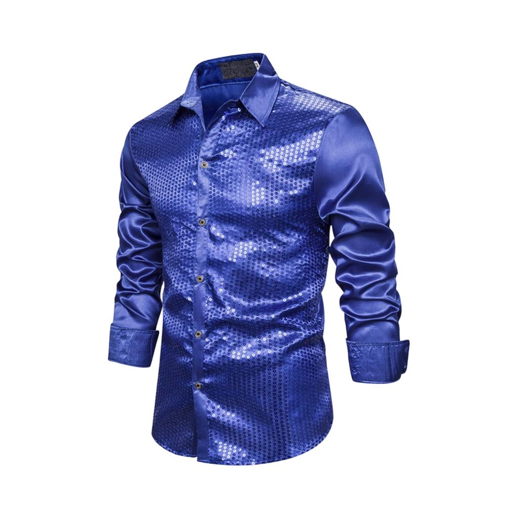 Men's Casual And Fashionable Lapel Gold-embossed Sequined Top, Men's Lapel Long-sleeved Button-down Shirt